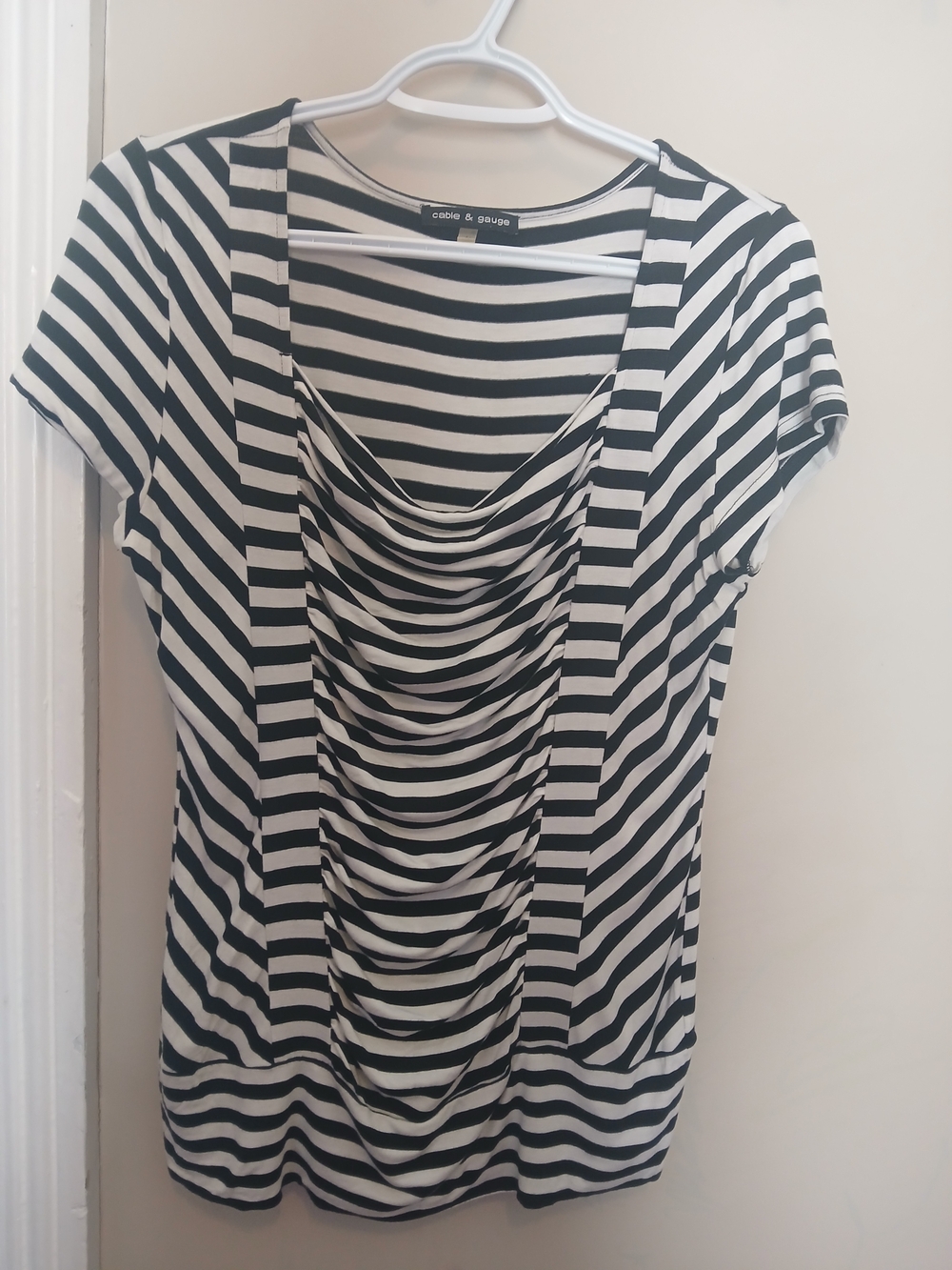 Cable & Gauge Black and White Striped Cowl Neck Short Sleeve Tee